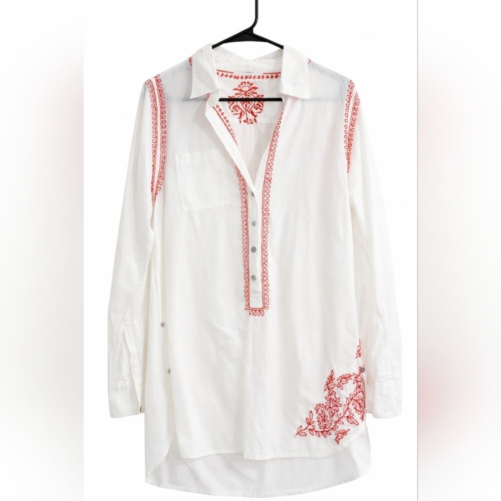 Subtle Luxury Boyfriend Shirt S/M White Cotton Embroidered Tunic Beach Boho - Picture 2 of 10